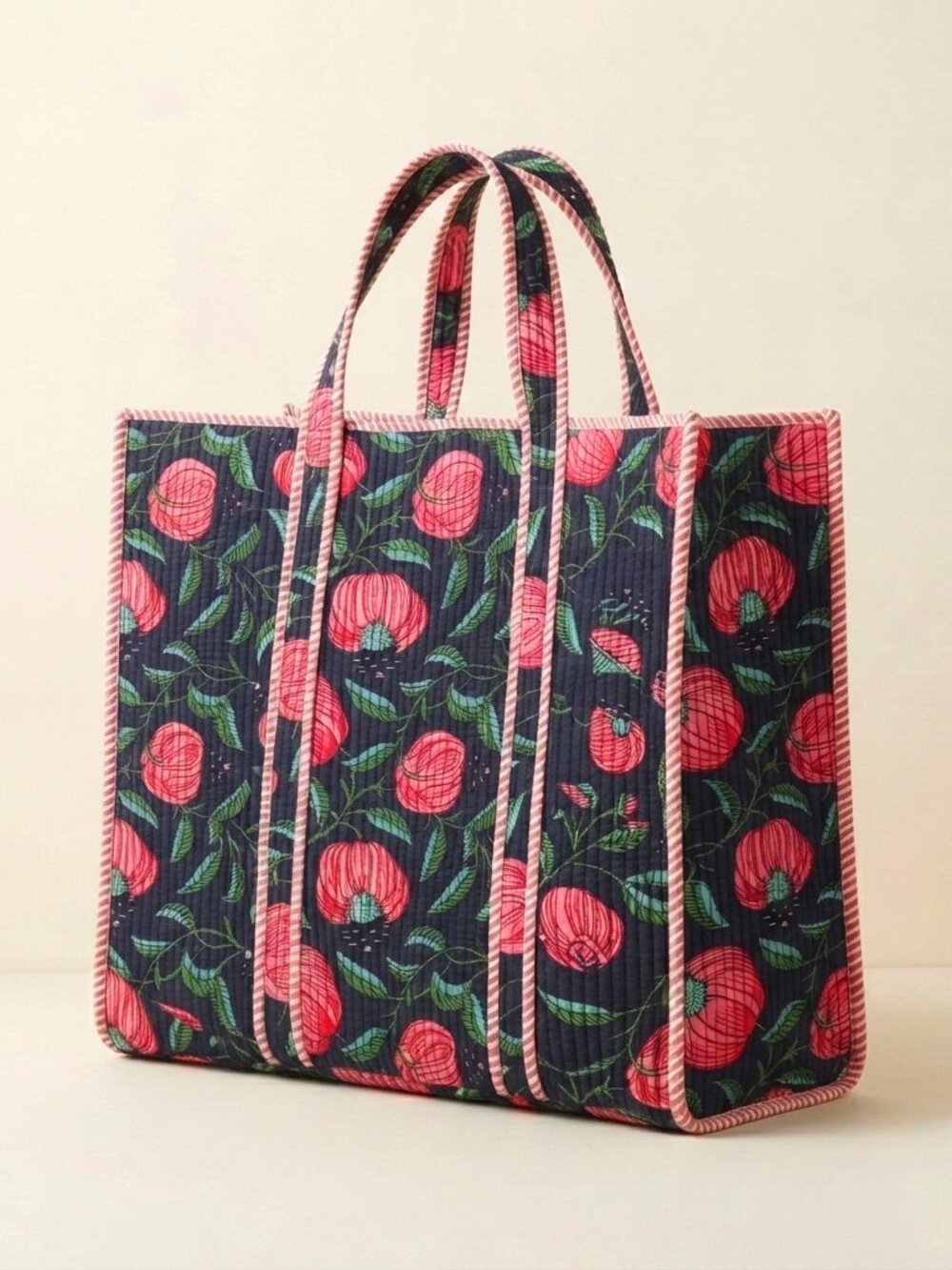 Quilted Tote Bag for Shopping, Big Grocery Tote Bag, Block Printed Storage Bag